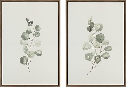 Kate and Laurel Sylvie Eucalyptus 4a & Eucalyptus 4b Framed Canvas Wall Art Set by Maja Mitrovic of Makes My Day Happy, 2 Piece 23x33 Gray, Simple Plant Art Set Wall Décor