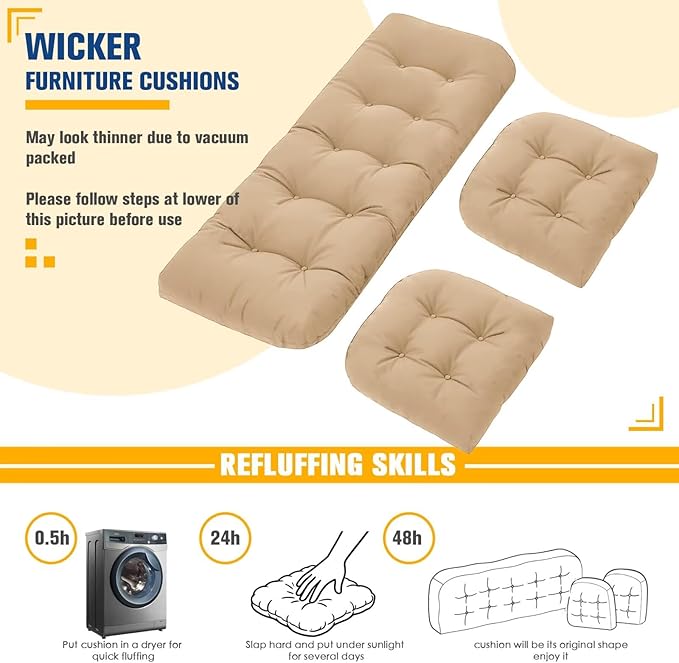 Patio Furniture Cushions Outdoor, Waterproof Wicker Chair Cushions Set of 3, 1 Loveseat & 2 Seat Pads, Thick Outdoor Replacement Cushions for Porch Lawn Bench Couch Sofa Swing, Khaki