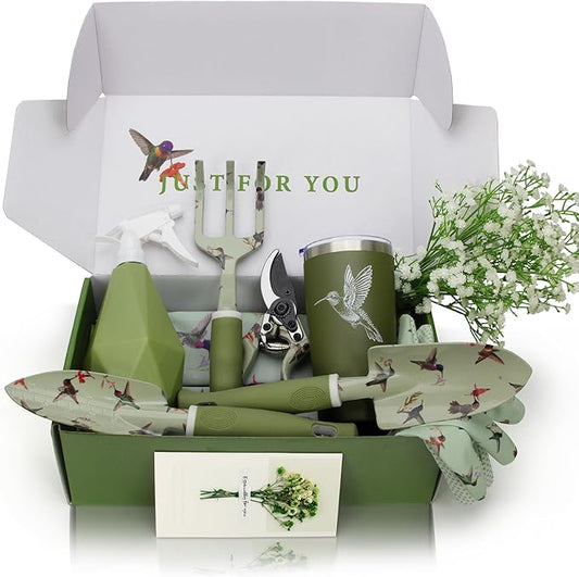 Garden Tool Set with Hummingbird Print, Heavy Duty Gardening Hand Tools with Garden Tool Bag,Gardening Gifts for Women&Men,Green