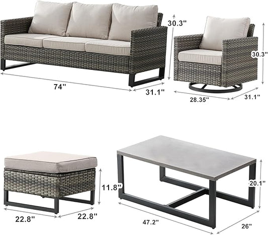 Wicker Outdoor Patio Furniture Set - 8 Piece Patio Conversation Set with 4 Swivel Rocker Chairs,2 Rattan Ottoman,1 Couch and 1 Metal Coffee Table for Outside Porch Deck Backyard(Mixed Grey/Beige)