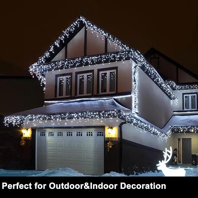 99ft 1216 LED Icicle Christmas Lights Outdoor - 8 Modes Icicle Lights with 228 Drops, Waterproof Plug in Fairy Curtain Light with Timer Memory for Party Holiday Wedding Decorations, Cool White