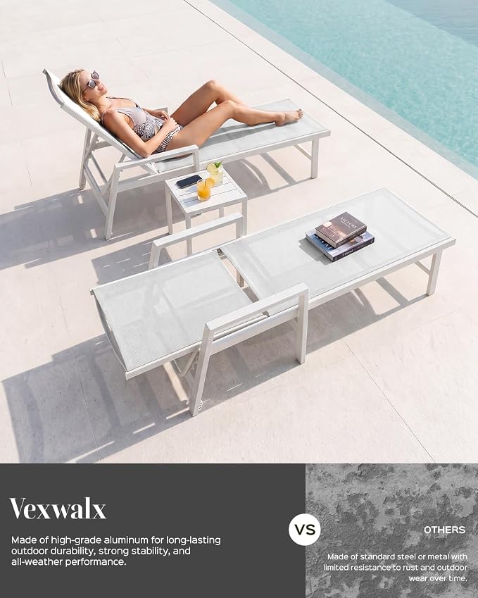 Patio Chaise Lounge Chair Outdoor with Wheels&Armrests, Aluminum Pool Lounge Chairs Five-Position Adjustable Recliner with Side Table, Outdoor Beach Lounge Chairs for Outside, Deck, Yard, White