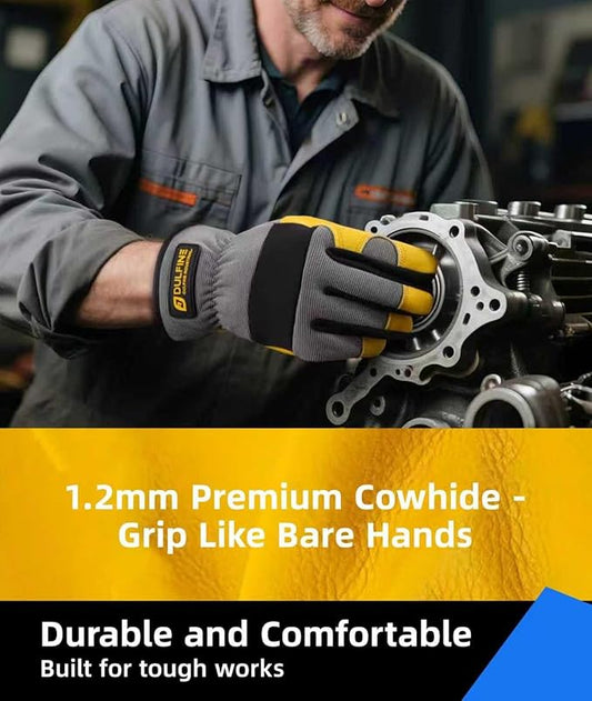 DULFINE Cowhide Leather Work Gloves for Men & Women, Reinforced Durable Gardening Gloves, Puncture & Cut Resistant