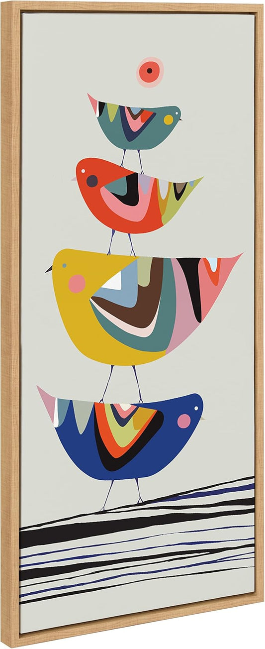 Kate and Laurel Sylvie The Family Tree Panel Framed Canvas Wall Art by Rachel Lee of My Dream Wall; 18x40 Natural; Adorable Block Print Bird Art for Wall