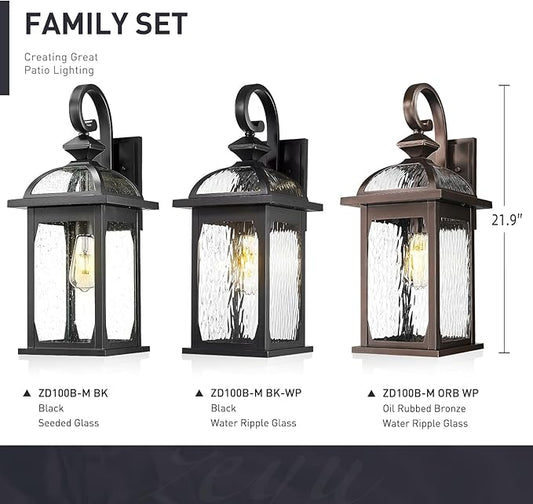 zeyu 22 Inch Outdoor Light Fixture, Exterior Wall Light for House, Die-Cast Aluminum with Water Ripple Glass, Oil Rubbed Bronze Finish, ZD100B-M ORB WP