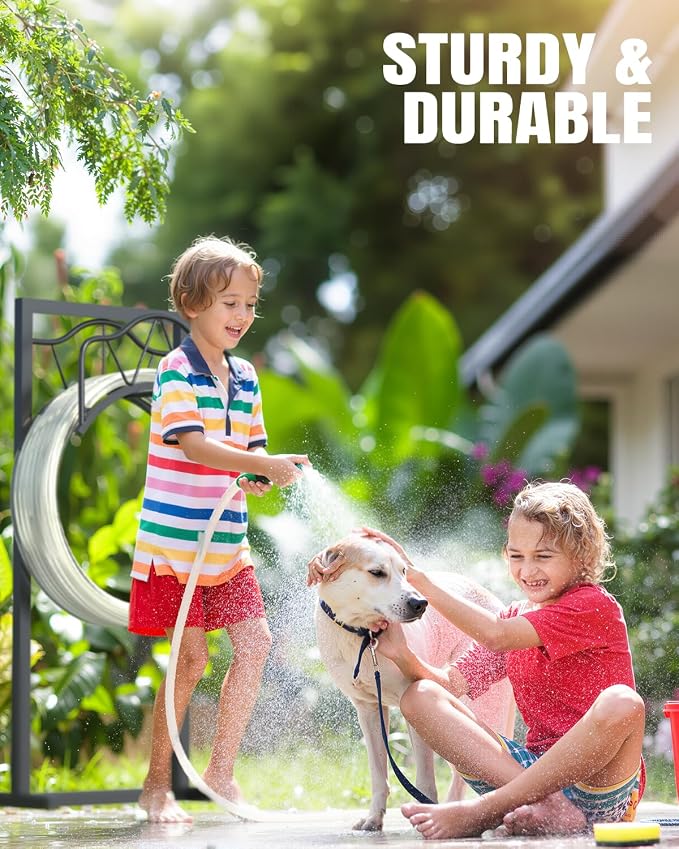 Breeze Touch Heavy Duty Garden Hose Holder Freestanding, 4-Spike Stable Water Hose Holder for Outside, Rustproof Metal Hose Stand Holds Up to 150FT Hose, Easy Install Hose Hanger for Yard Lawn Patio