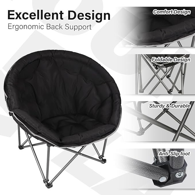 Oversized XXL Folding Round Camping Chair,Super Comfy Padded Moon Camp Chairs,Heavy Duty Supports 400 Lbs Outdoor Lawn Chairs for Adults,Perfect for Indoor,Family Camping,Picnics and Garden,Black