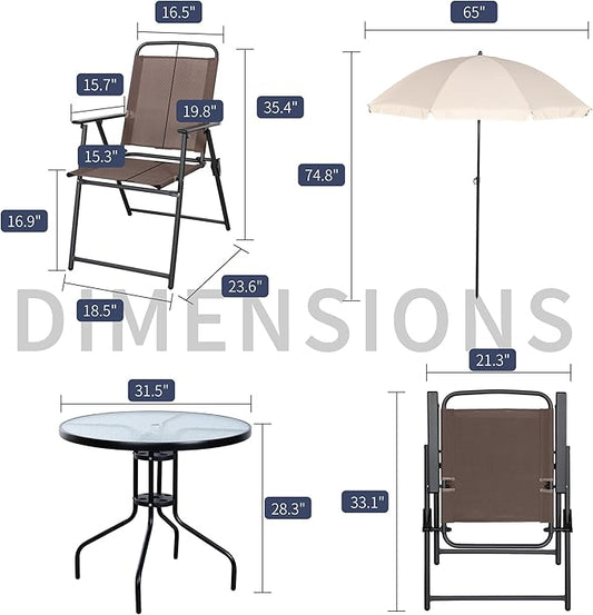 Shintenchi 6 Piece Patio Dining Set with Umbrella, Outdoor Furniture Set with 4 Folding Chairs and Tempered Glass Top Dining Table fot Lawn Backyard Garden Porch Brown and Beige