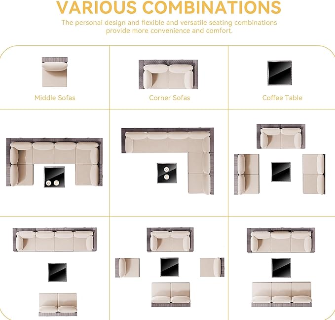 7 Pieces Outdoor Patio Furniture Set with Coffee Table, PE Wicker Rattan Outdoor Sectional Patio Set with Thick Cushion, Outdoor Patio Conversation Set for Backyard, Garden, Deck, Sand