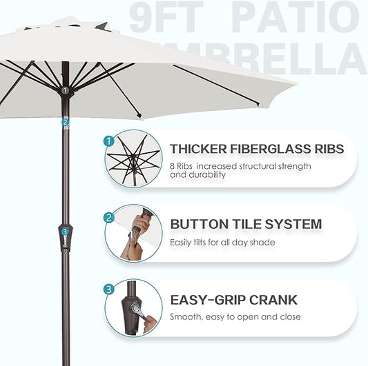 PatioKingdom 9FT Patio Outdoor Umbrella-UPF 50+ Sun Shade with Wind Vent, Push-Button Tilt & Smooth Crank Lift, Rust-Resistant Fiberglass Frame for Garden, Backyard,Yard (Creamy-white, 9FT)