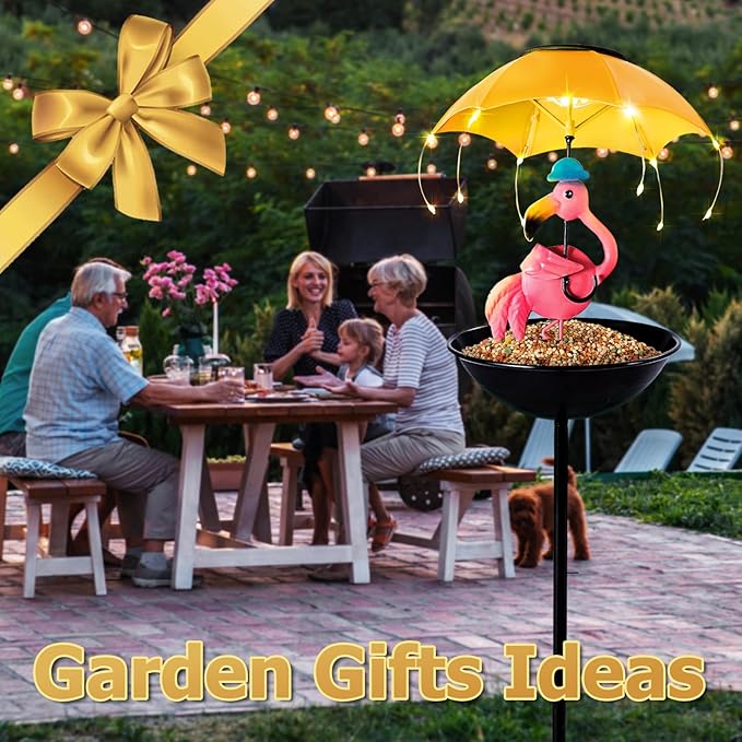 Solar Bird Feeder Garden Decor, Outdoor Solar Lights with Umbrella, Hummingbird Feeder Decorative Path Lights Yard Art Ornament Bird Feeder (Flamingo)
