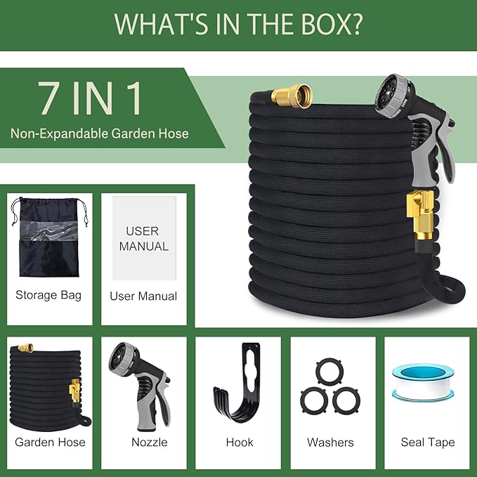 Garden Hose Non-Expandable 100 ft, Lightweight Flexible Water Hose with 10 Function Spray Nozzle, Outdoor Leak Proof, Kink-Free, Portable Hose for Yard, Lawn, Camper, High-Density Fabric, Black Grey