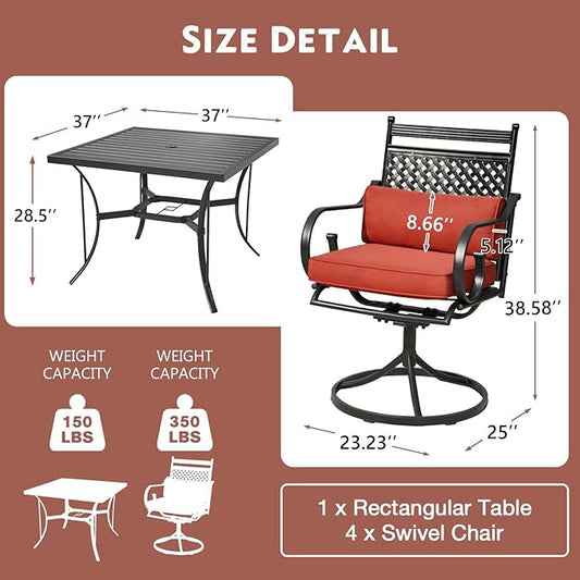 MELLCOM 5-Piece Outdoor Dining Set, 4 Swivel Rocker Chairs with Thick Cushions & Pillows, Square Dining Table with Umbrella Hole, Patio Furniture Set for Porch, Garden, Backyard, Poolside, Deck, Red