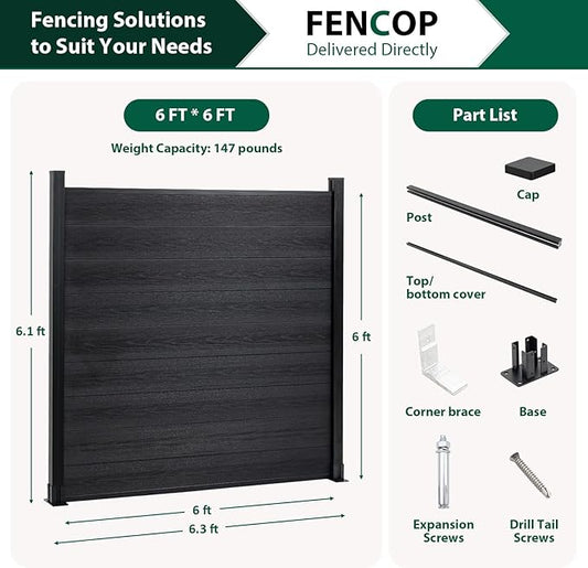 6'' x 6'' Outdoor Privacy Fence, Wind Resistant, Wood Plastic Composite Fence Panel with 1 Post, Fencing for Yard, Backyard, Garden and Pool