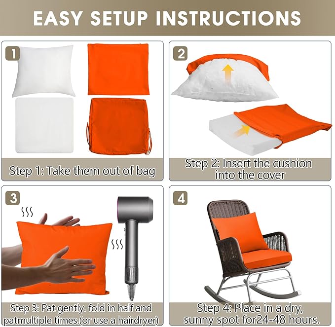 Outdoor Seat Cushion Set 24 x 24 In, Water-Resistant & Fade-Resistan, Patio Furniture Cushions with Removable Cover Deep Seat & Back Cushion with Handle and Adjustable Straps for Chair Sofa,4PC