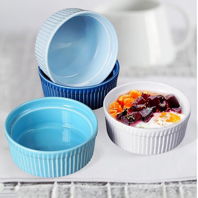 Cinf Ramekins 10 oz Pudding Dishes, Set of 4, Souffle & Creme Brulee Cups, Dipping Sauce, Oven, Microwave, Freezer & Dishwasher Safe