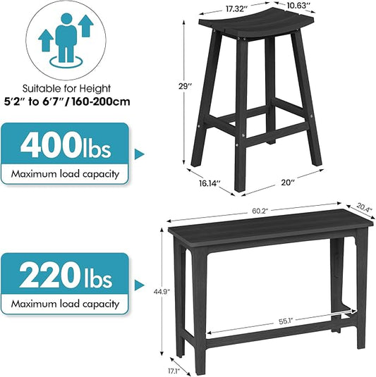 Ciokea Heavy-Duty Outdoor Bar Set, Rectangle High Top Table and 2 Pcs 29" Stools Set, HDPE Modern Patio Bar Set for Outside Bistro Backyard Balcony Deck Outside, Black