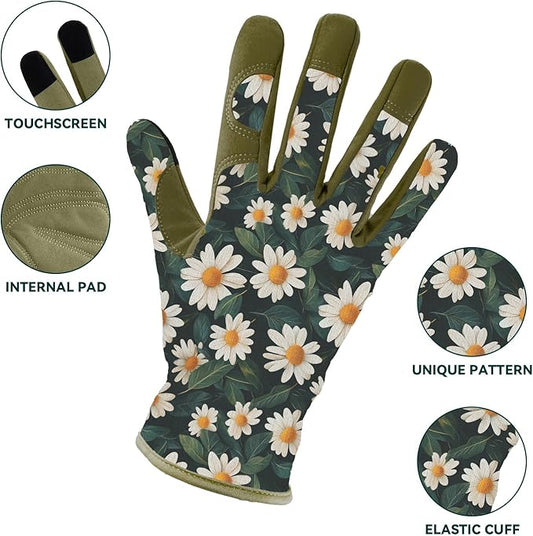 Gardening Gloves for Women, Printed Touchscreen Garden Gloves with Grip, Thorn-Proof Puncture-Resistant Work Gloves