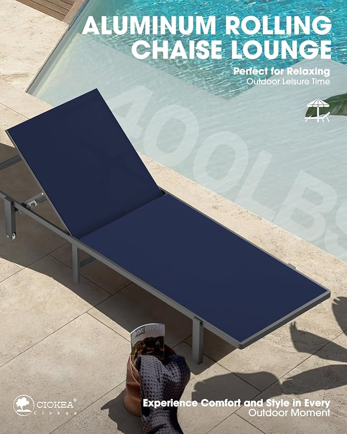 Ciokea Patio Chaise Lounge Chair Set of 2, Outdoor Lounge Chairs with Wheels, 5-Position Adjustable Sun Loungers for Pool, Deck, Beach,Navy Blue