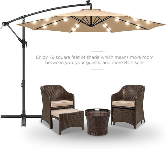 Best Choice Products 10ft Solar LED Offset Hanging Market Patio Umbrella for Backyard, Poolside, Lawn and Garden w/Easy Tilt Adjustment, Polyester Shade, 8 Ribs - Sand