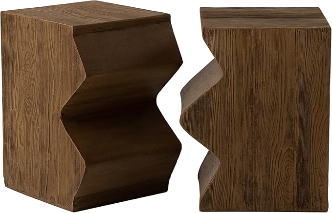 SUNBURY Concrete Side Table Set of 2, Outdoor Side Table Combine for Patio, Outdoor Accent Table Patio End Table in Woodgrain, Ceramic for Garden, Porch, Rectangular, Light Brown