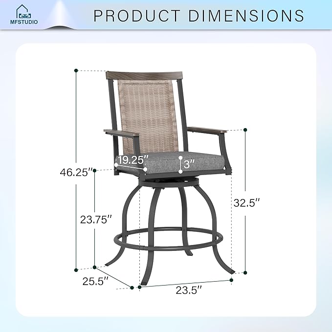 MFSTUDIO Outdoor Counter Height Bar Stool Set of 6, Swivel Rattan Backrest Metal Patio Bar Chair with Armrest and Cushion, All Weather Resistant Wicker Patio Chair, Grey