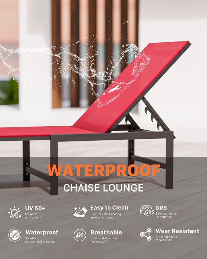 Patio Lounge Chair, Aluminum, 5 Adjustable Backrest, 1 Piece,red | Lightweight rustproof aluminum.5 adjustable backrest positions.Breathable quick-dry fabric.For poolside,beach,lawn,backyard.