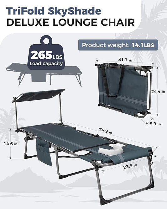 KingCamp Tanning Chair with Face Hole, Lounge Chairs Outdoor Folding Portable Comfy Adjustable 5-Position Foldable Chaise Chaser with Canopy Shade for Outside Beach Patio, Blue/Grey