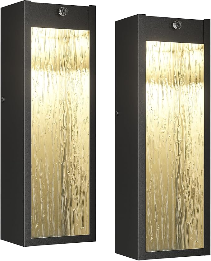 Dusk to Dawn LED Outdoor Wall Light Fixtures, 15in Exterior Black Waterproof Outdoor Lighting, Large Modern Water Ripple Porch Sconces Wall Mounted Outside Lantern for Garage Front Door(2 Pack)