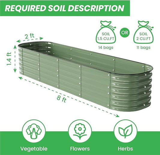 Raised Garden Bed Kit 8×2×1.4 FT Magnesium-Aluminum-Zinc Stainless Steel Metal Planter Box for Planting Outdoor Plants Vegetables(Light Green)
