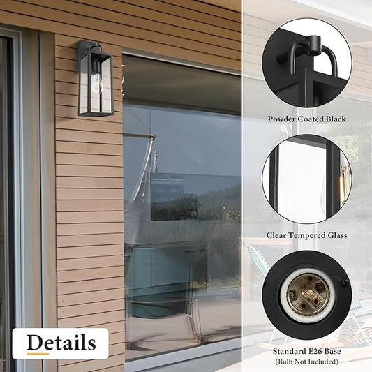 Outdoor Wall Sconce Lights, 16 Inch Tall Transitional Exterior Wall Light Fixtures with Clear Glass, Anti-Rust Modern Black Outside Lanterns Lamps for House Front Porch Doorway Patio, 2 Pack