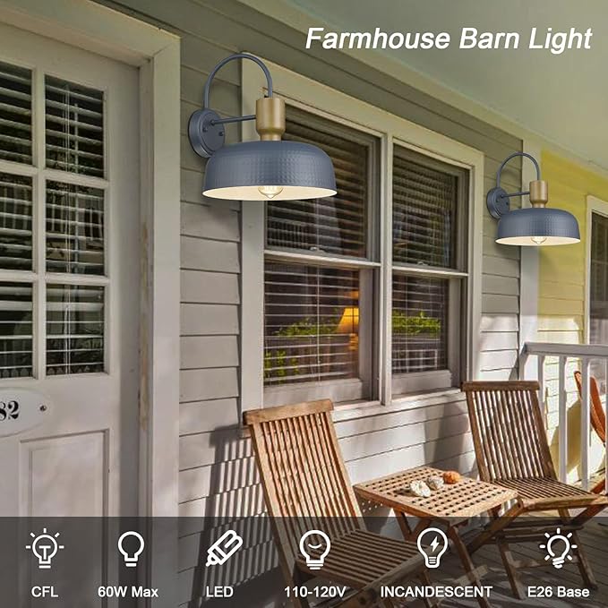 Outdoor Barn Light Hammered Barn Light, Farmhouse Exterior Wall Mount Light Vintage Wall Lighting Fixture Industrial Sconce Lantern for Porch, Entryway, Garage, Blue, 2 Pack