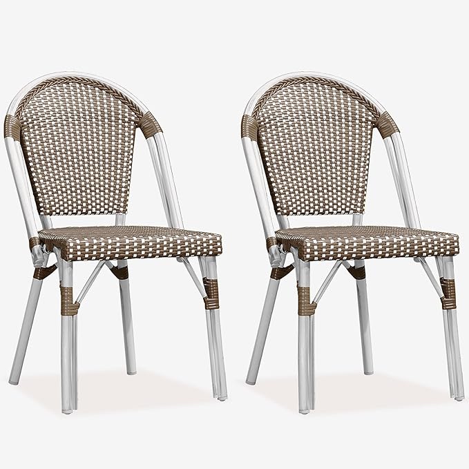 PURPLE LEAF Dining Chair Set of 2 Outdoor French Bistro Chairs Hand-Woven Aluminum Wicker Rattan for Garden Kitchen Backyard Porch White Print Finish Patio Chairs Brown