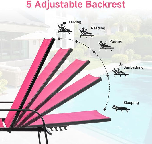 NEWBULIG Outdoor Lounge Chair for Pool Set of 2, with 5-Position Recliner, 350 lbs Heavy Duty Patio Pool Chair, Outdoor Sun Chairs with Metal Frame for Backyard, Deck, Pink