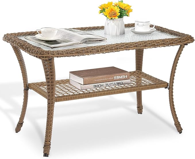 MEETWARM Wicker Patio Coffee Table, 34.5" Rectangle Outdoor Coffee Table with Tempered Glass Top and 2-Tier Storage Shelf, All-Weather Rattan Patio Side Table for Outside Poolside Deck Garden, Brown