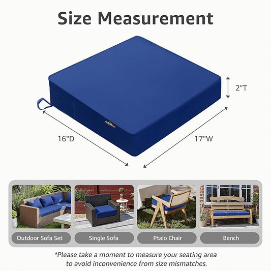 PatioGlow Outdoor Chair Cushions 17 x 16 x 2 Inch, Waterproof & Fade Resistant Patio Seat Cushion for Furniture with Handle and Ties, Thick Seating Pads for Outside Sofa Couch Set of 2, Blue