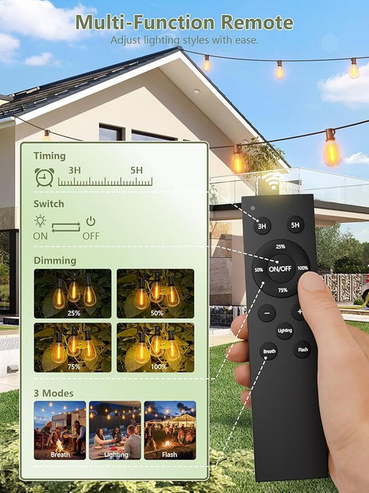 luckystyle 30FT Solar String Lights Outdoor Waterproof 2200K with Remote & USB Charging, 10+1 LED Shatterproof Bulbs, Dimmable & Timable, 3 Light Modes, Long Last for Garden,Patio, Backyard, Camping