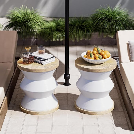 SUNBURY White Outdoor Side Table Set of 2, 14" W Concrete Side Table, Round Accent Marble End Drum Table, Garden Stool Plant Stand, Lounge, Yard