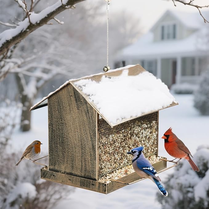 Bird Feeder, Large Capacity Bird Feeders for Outdoor Hanging Hold 4 LB Seed, Heavy Duty Metal Wild Birdfeeder with 2 Perches, Sturdy & Easy to Refill