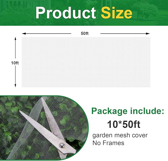 NONMON Garden Netting 10 x 50FT Ultra Fine Plant Mesh Netting Covers, Insect Garden Netting Pest Barrier for Raised Beds, Mosquito Netting for Blueberry Shrubs Vegetables Fruits Crops