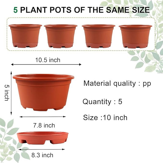 5 Pack 10.5 inch Plant Pots,Planter-Pots-for-Plants-Indoor-Outdoor,Plastic Flower Pot for Indoor Outdoor Plants with Drainage Holes & Trays, Decorative Garden Containers Sets for Houseplants