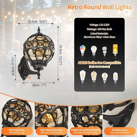 Globe Outdoor Wall Lights with Dusk to Dawn Sensor,Waterproof Black Sphere Outside Wall Light Fixtures, Anti-Rust Exterior Aluminum Round Porch Lights for Patio Porch Backyard Garage,General 