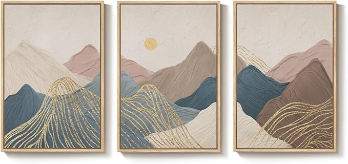 Framed Neutral Abstract Mountain Wall Art for Living Room, 3 Piece Large Landscape Print Canvas Artwork for Walls, Boho Modern Minimalist Paintings for Dining Room Office Hallway Wall Decor, 24x36 In