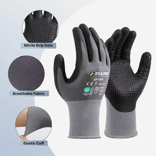 DULFINE Work Gloves for Men and Women,Grey Nylon with MicroFoam Nitrile Coated-12 Pairs Pack, Dots on Palm for Anti-slip and Extra Abrasion Resistant(Small)