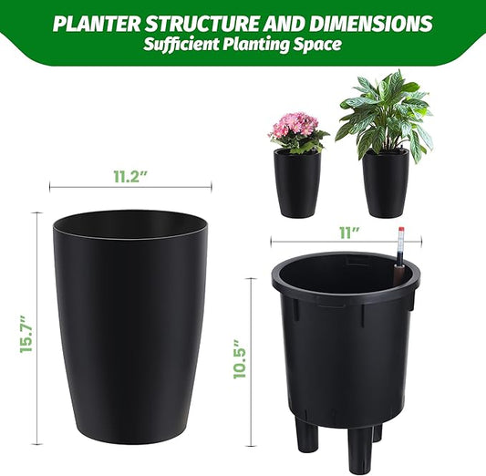 16 in Tall Planters Set of 2, Plant Pots, Self Watering Pots for Indoor Plants, Flower Pots With Built-In Drainage and Visual Water Level Design, for Patio, Porch, Living Room, or Home Office, Black