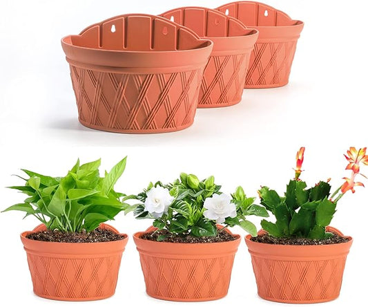 Sungmor Wall Hanging Planters,11.5 Inch Hanging Flower Pots for Railing Fence - Indoor Outdoor Balcony Wall Hanging Basket, Plastic Plant Pot Container - Half Round & 3PC Pack & Brick Red