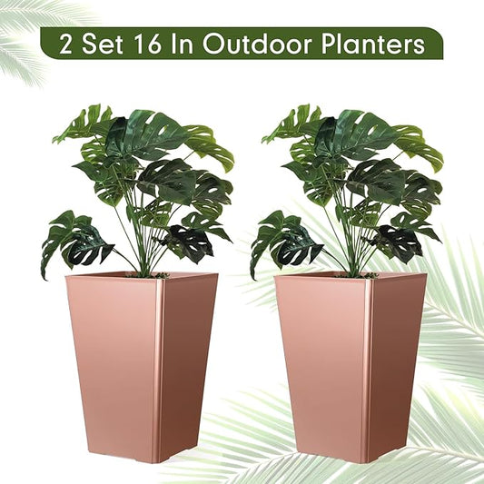 Briwooody Set of 2 15.75 Inch Large Taper Planters Outdoor Indoor Tall Resin Flower Pots with Drainage Holes Modern for Front Door Patio Backyard Plants (Gold Pink)