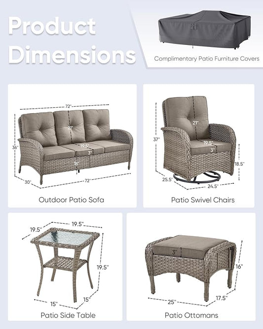 6 Pieces Outdoor Furniture-Patio Swivel Rocker Chairs Set of 2 3-Seater Wicker Couch with Outdoor Ottoman Outdoor Patio Furniture Set for Deck Porch Garden Balcony Poolside-Grey/Grey