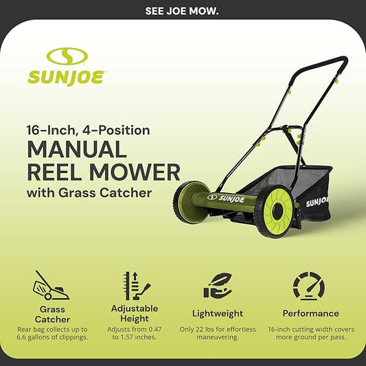 Sun Joe Lawn Mower, 16 Inch Manual Reel Push Behind Machine, Outdoor Equipment with Removable Grass Catcher and Adjustable Cutting Height