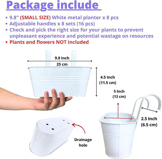 LaLaGreen Outdoor Rail Planter (8 Pack, 9.8 Inch) Small and Cute White Metal Iron Hanging Flower Pots Deck Railings Fence Buckets Countryside Style Wall Mount Window Box Plant Holder Hooks Porch Decor